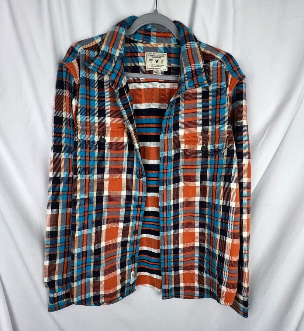 AMERICAN EAGLE Unisex L Flannel Shirt Orange Blue Plaid Heavy Cotton Streetwear